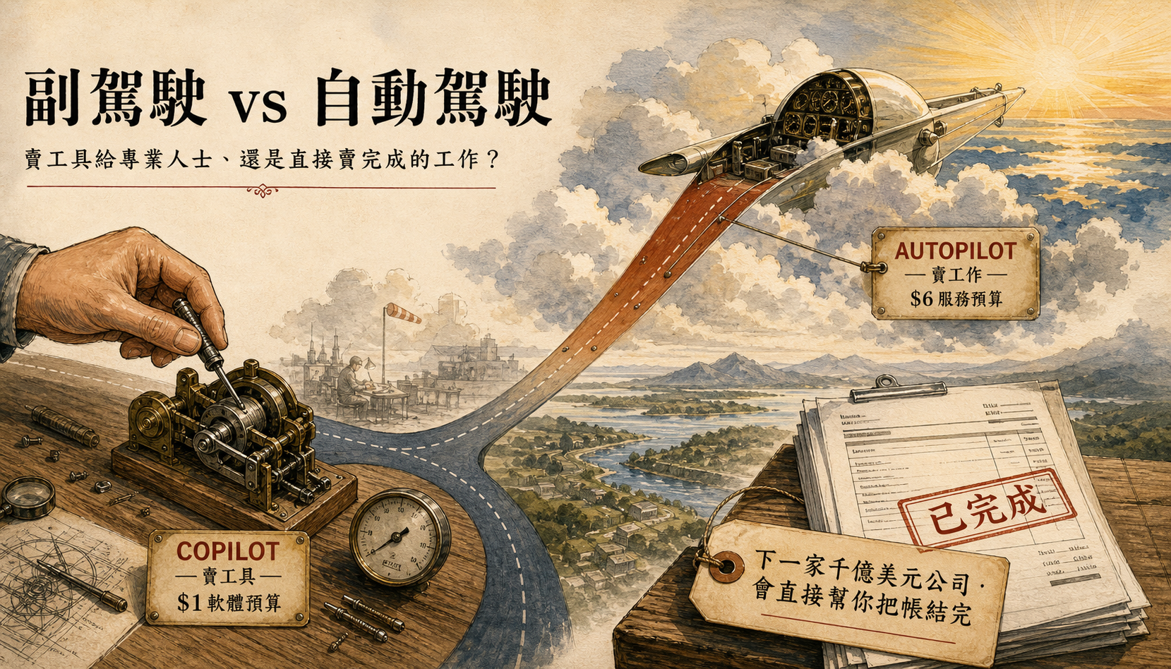 Copilot vs Autopilot 對比圖：副駕駛賣工具 $1 軟體預算、自動駕駛賣工作 $6 服務預算
