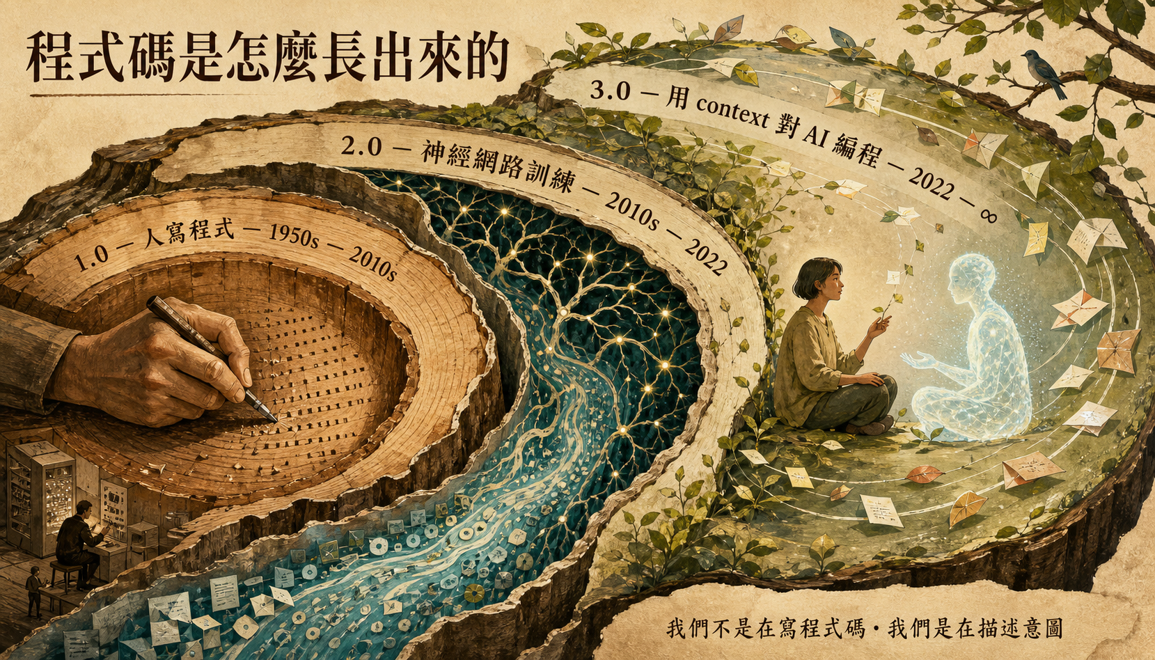 Software 1.0 → 2.0 → 3.0 演化視覺：人寫程式 → 神經網路訓練 → 用情境對 AI 編程